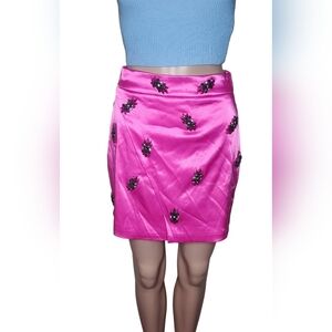 La' Ros women's fuchsia pink satin beaded rhinestones mini skirt Size Small